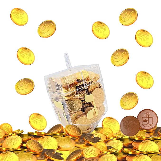 Jumbo Hanukkah Dreidel Filled with 70 Gelt Coins Approximatley 1 Pound Menorah &amp Dreidel Design Chanukah Gelt Kosher OU-D
