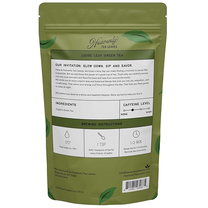 Heavenly Tea Leaves Organic Pure Green Bulk Loose Leaf Green Tea 1 Lb. (Approx. 200 Servings) - Delicious Hot or Iced Naturally Caffeinated Free Premium Quality Wellness Support