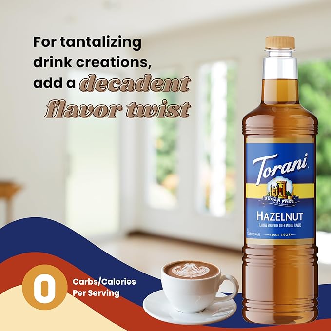 Torani Sugar Free Hazelnut Coffee Syrup 1 Liter Bottle with Pump Dispenser – Zero Calorie Flavored Syrup for Lattes Cold Brews Teas Smoothies &amp Desserts – Keto &amp Diabetic Friendly