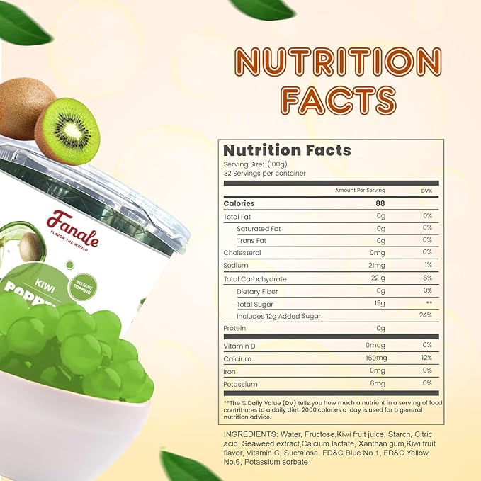 Fanale Kiwi Popping Boba Pearls Vegan Non GMO Gluten Free Fat Free Perfect for Bubble Tea Smoothies Ice Cream Desserts and Beverages.