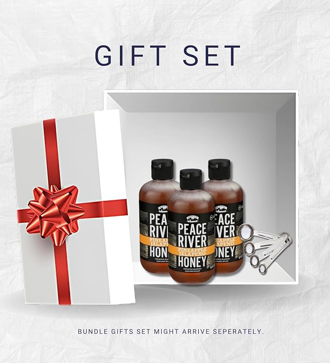 3x Peace River Honey Honey Pineapple Jalapeno 12 OZ Bundle with Measuring Spoon Set – Sweet and Spicy Blend with Pineapple Heat Plus Stainless Measuring Tools – Gift Set (4 Items)