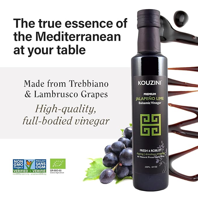 Kouzini Ultra Premium Jalapeno Lime Balsamic Vinegar Aged Balsamic Vinegars from Modena Italy Premium Smooth &amp Full-Bodied Flavor 250ml Bottle