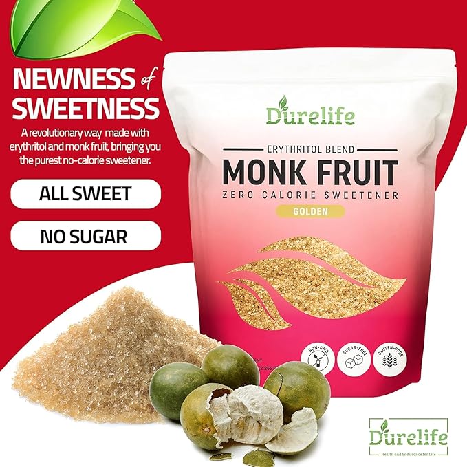 Durelife Golden Monk Fruit Sweetener 1:1 Sugar Replacement Keto Diet Friendly Zero Calorie Kosher Sugar Substitute Crystal Golden - 5 lb Bulk Size (Packaging May Vary)