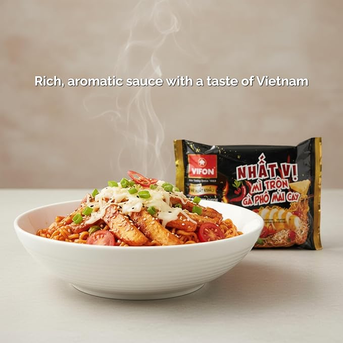 VIFON Nhat Vi Hot Chicken Cheese Flavor Instant Noodle 80 g (2.82 oz) | 30-Pack | Spicy Korean-Inspired Stir Noodles | Ready in 3 Minutes | Creamy Cheesy &amp Bold