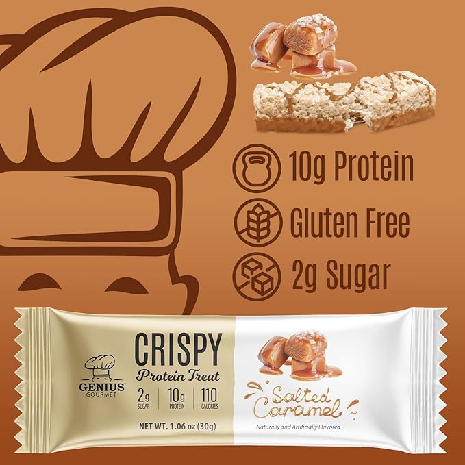 Genius Gourmet Crispy Protein Treat Salted Caramel Keto Snack Low Carb Low Sugar &amp Gluten Free Protein Snacks for Adults 10G of Whey Protein per Protein Bar 5 Net Carbs On The Go Snack 20