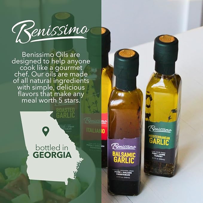 Benissimo Herb Infused Cooking Oil Chef Pack – 4 Artisan Flavored Oils: Italiano Roasted Garlic Mediterranean Garlic &amp Balsamic Garlic – Gourmet Cooking Oil Gift Set All Natural 8.1 fl oz Each