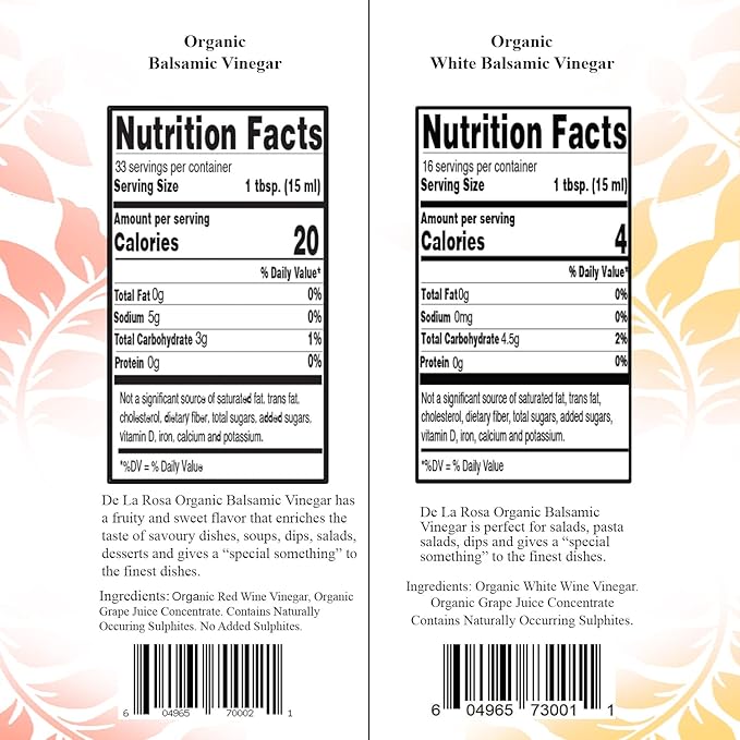 De La Rosa Organic Balsamic &amp White Balsamic Vinegar Kosher for Passover Vegan Non-GMO &amp Gluten Free Great for Salad Dressings Marinades &amp More 16.9 Oz (Pack of 2)