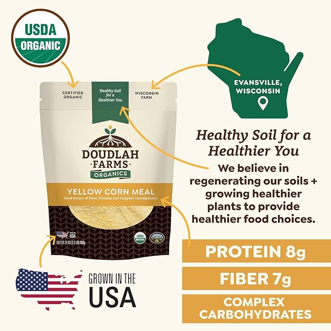 Organic Yellow Cornmeal 5 lb Fine Grind - Non-GMO Gluten-Free Sugar-Free Farmed From Regenerative Soil Vegan Grown In USA For Baking Cornbread Muffins Pancakes and More by Doudlah Farms