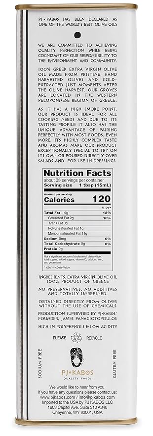 P.J. KABOS 2024/25 Harvest High Phenolic (450+mg/kg) Premium Greek Extra Virgin Olive Oil Kosher Greece Cold Extracted 6 x 16.9 oz Tin Koroneiki Family Reserve - Medium (Pack of 3)