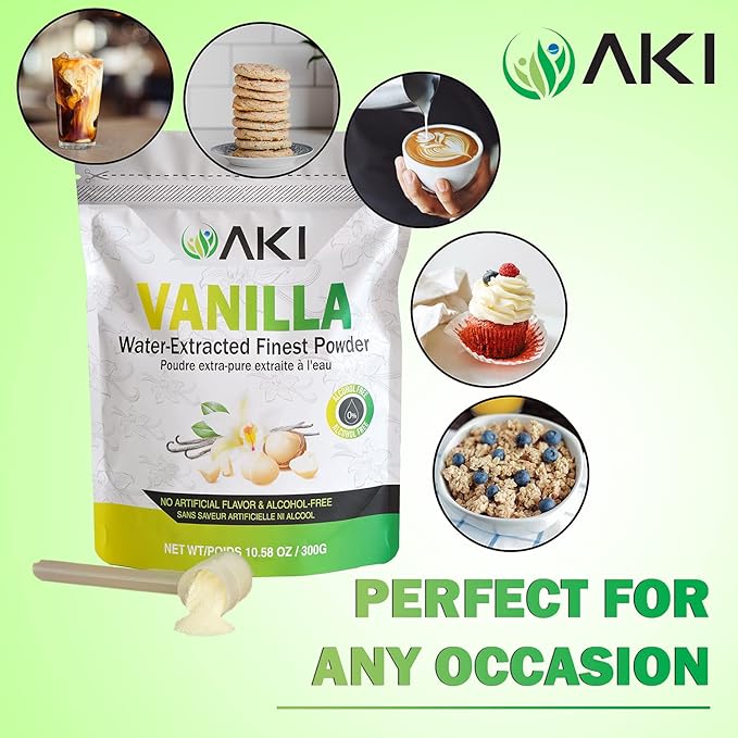 AKI Vanilla Extract Powder from Authentic Beans for Delicious Flavoring Cooking Baking Drinks Tea Coffee Smoothies Cocktails - Sugar-Free &amp Alcohol-Free (10.58OZ/300g)