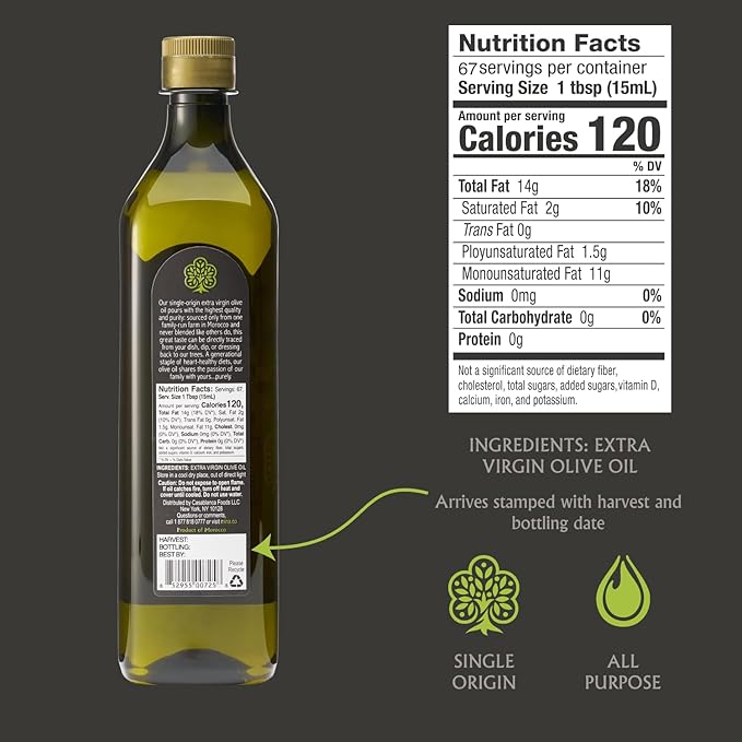 Mina Moroccan Olive Oil Extra Virgin 33.8 Fl Oz New Harvest Polyphenol Rich Olive Oil Single Origin Extra Virgin Olive Oil Cold Extraction Less than 0.2% Acidity 1 L