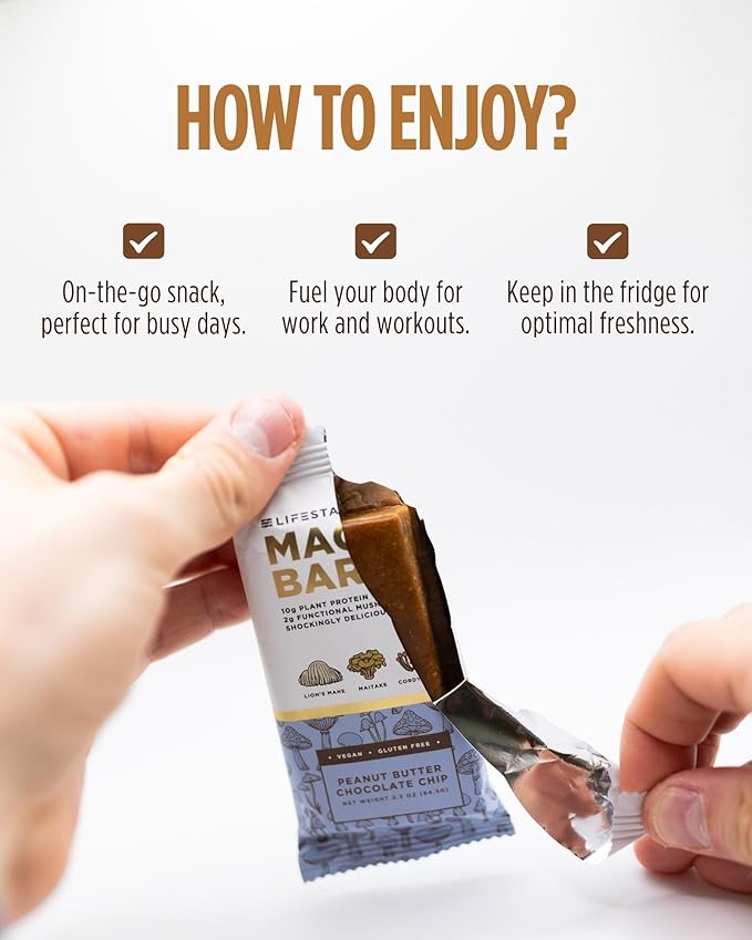 Lifestacks Magic Bar Functional Mushroom Energy Bars – 10g Plant-Based Protein with Lion’s Mane Cordyceps &amp Maitake | Adaptogen Superfood Blend | Made in USA | 12-Pack Variety Box