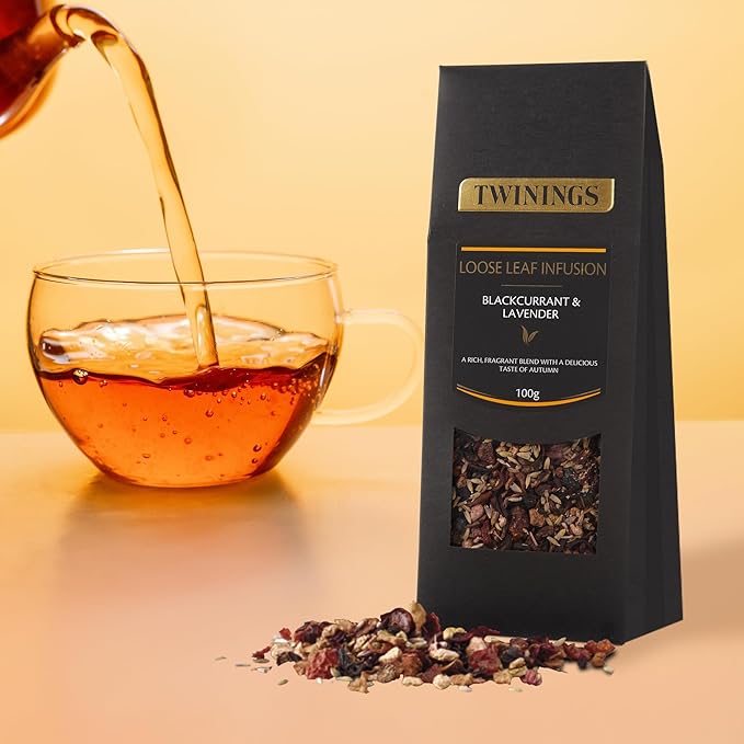 Twinings Blackcurrant &amp Lavender Loose Leaf Infusion Herbal Tea 3.53 Ounce (100g) Pouch Naturally Caffeine-Free Enjoy Hot or Iced