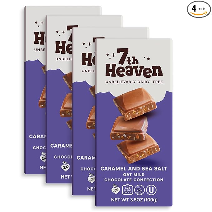 7th Heaven Vegan Oat Milk Chocolate Bars: Caramel and Sea Salt - (3.5 oz - 4 Pack) Healthy Chocolate Perfect Valentines Gift For Your Loved Ones 100% Dairy Free Non GMO Kosher Parve Cruelty Fre