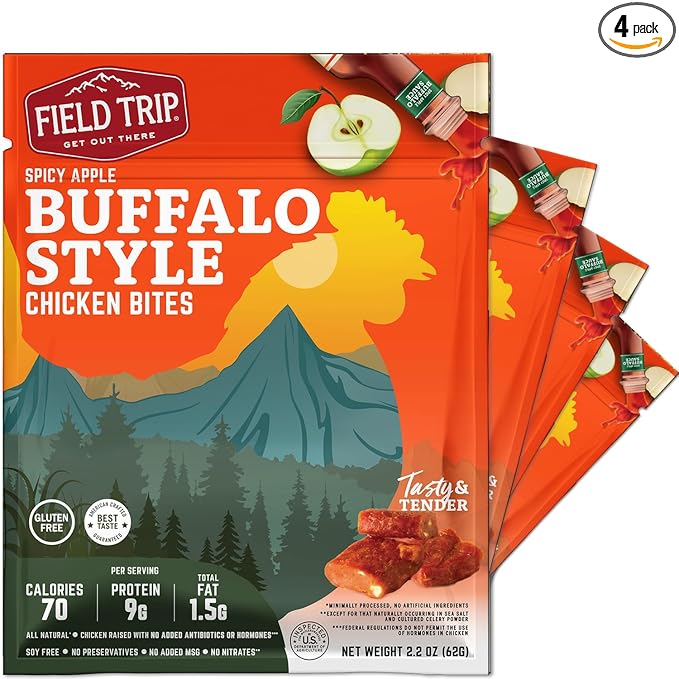Field Trip Chicken Jerky Bites All Natural and Gluten Free Keto and Paleo-Friendly Healthy Snack Low Calorie High Protein Snacks with No Nitrates 2.2oz Bag 4 Pack Spicy Buffalo Style