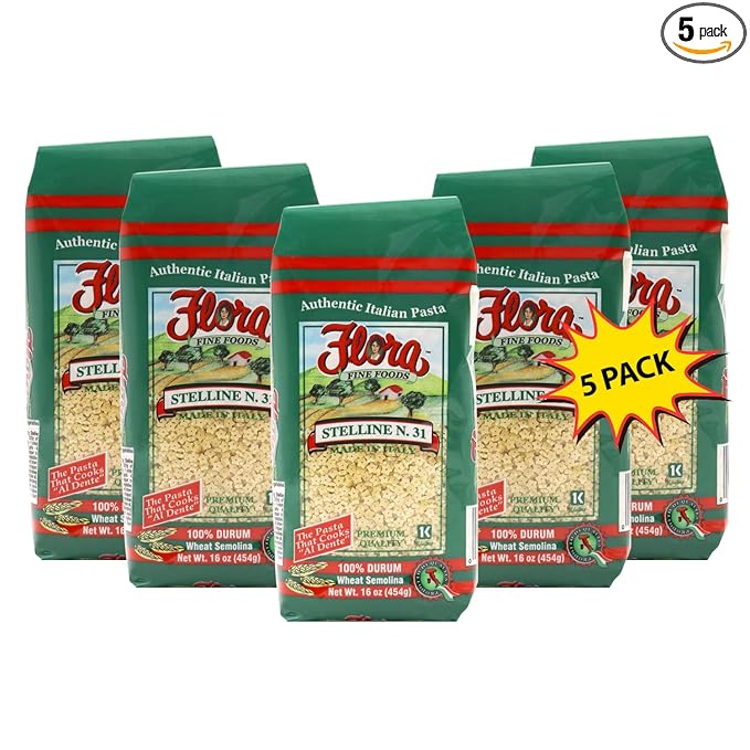 Pastina Pasta by Flora Foods - Stelline Pasta - Small Stars - Imported from Italy - 100% Durum - Premium Quality (5Packs) 618003