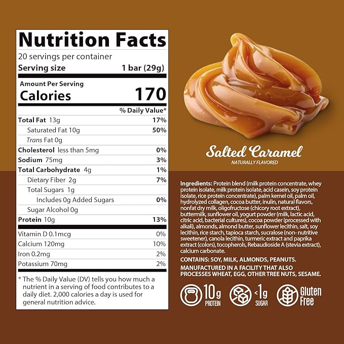 Genius Gourmet Protein Bar Salted Caramel Keto Snack Low Carb Low Sugar &amp Gluten Free Protein Snacks for Adults 10G of Whey Protein per Protein Bar 5 Net Carbs 20 Count
