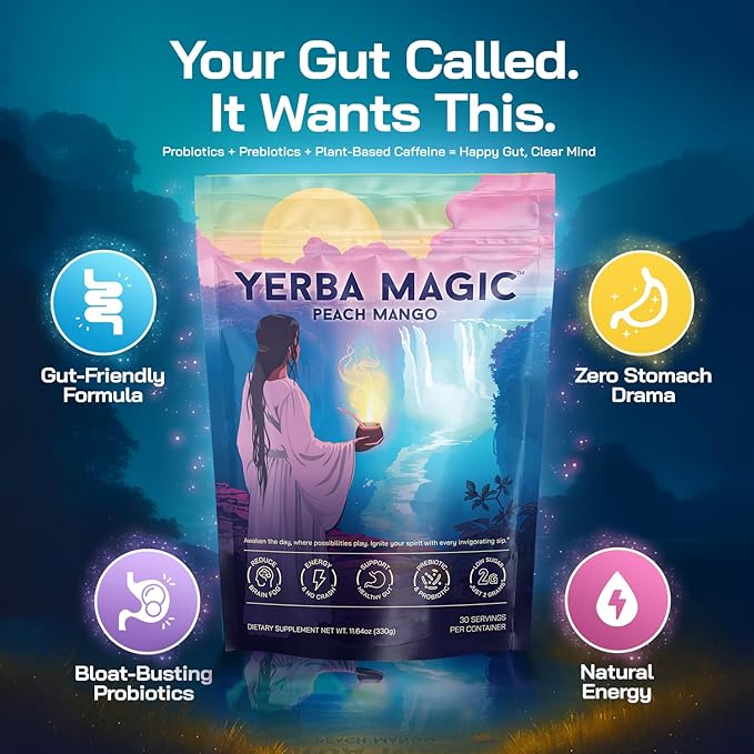 Yerba Magic – Yerba Mate Tea Instant Powder Super Drink with Nootropics Prebiotics &amp Probiotics – Clean Energy Mental Clarity &amp Gut Wellness | Low Sugar Natural Caffeine – Peach Mango 30 S