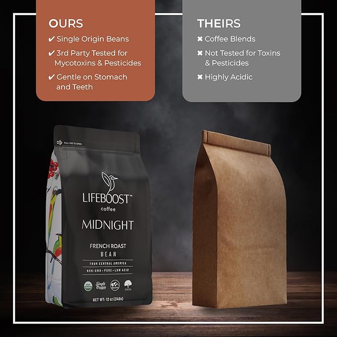 Lifeboost Midnight French Roast Coffee Beans - Single Origin Non-GMO USDA Organic Low Acid French Roast Coffee - Third Party Tested For Mycotoxins &amp Pesticides - 12 Ounces