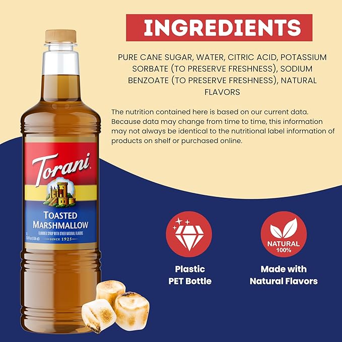 Torani Toasted Marshmallow Syrup 1 Liter Bottle with Pump Dispenser – Rich Coffee Flavoring Made with Pure Cane Sugar &amp Natural Flavors – Perfect for Lattes Desserts &amp Beverages