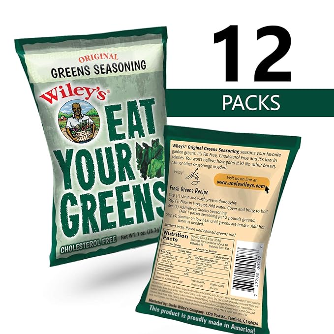 Wiley�s Green Seasoning 12 Packets Fresh Herbs and Spices for Collards Spinach Kale Turnip and Mixed Greens or Soup and Stew Ham and Bacon Flavored Blend