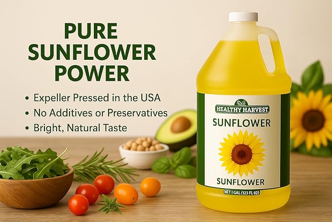 Healthy Harvest Non-GMO Sunflower Oil - Healthy Cooking Oil for Cooking Baking Frying &amp More - Naturally Processed to Retain Natural Antioxidants (One Gallon)