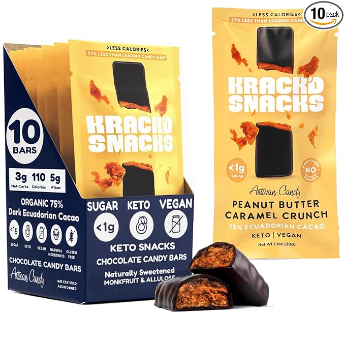 Krack’d Snacks Keto Chocolate Snack Bars 10 Pk | Handmade Low Carb Sugar Free Dark Chocolates with Peanut Butter Caramel Crunch Allulose | Vegan Non-GMO Gluten Free Chocolate Candy Bar
