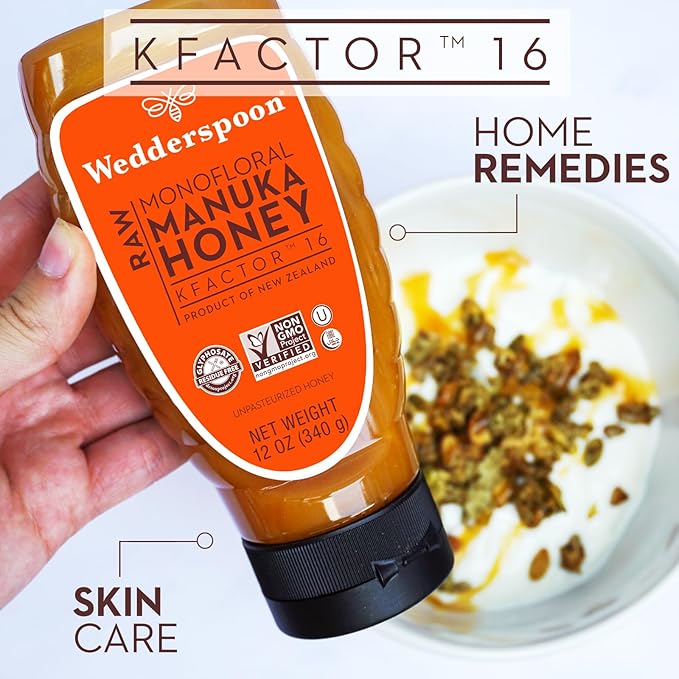 Wedderspoon Raw Manuka Honey Unpasteurized Genuine New Zealand Honey Multi-Functional Non-GMO Superfood Convenient Squeeze Bottle KFactor 16 12 Ounce