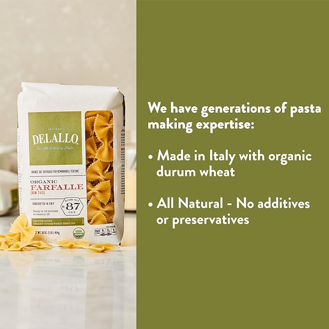 DeLallo Organic Farfalle Pasta Made with Only 100% Semolina Durum Wheat Flour Bronze Cut Made in Italy Kosher Vegan Non-GMO Bow-Tie Pasta Shape (16 Pack)