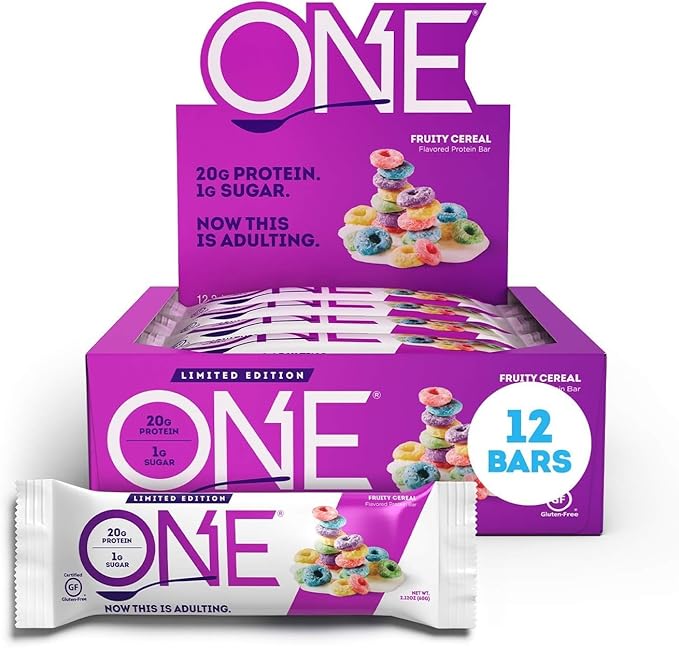 ONE Protein Bars Fruity Cereal Gluten Free Protein Bar with 20g Protein and only 1g Sugar &amp Protein Bars Peanut Butter Cup Gluten Free Protein Bar with 20g Protein and only 1g Sugar Snacking