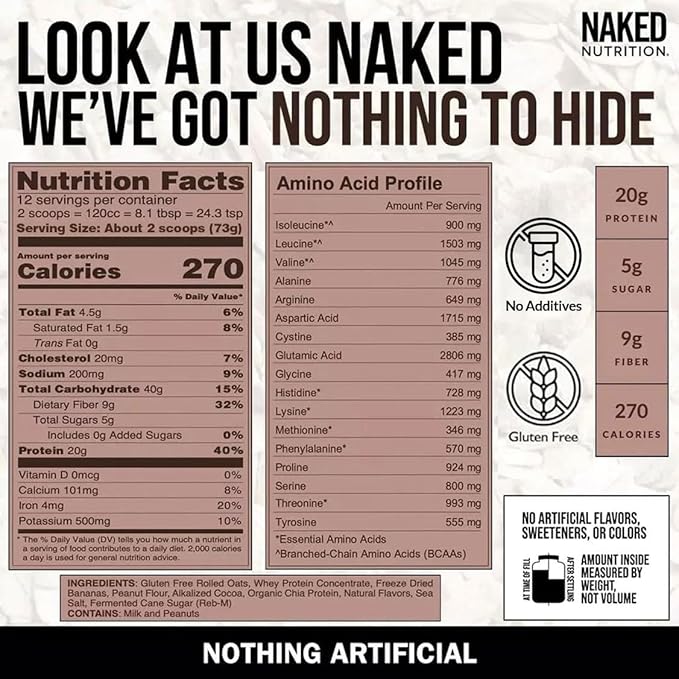 Naked Oats - Chocolate PB Banana Overnight Oats 20g Whey Protein Gluten-Free Oatmeal Instant Breakfast or Shake High Protein Oatmeal High Fiber Breakfast Shake Non GMO No Soy - 12 Servings