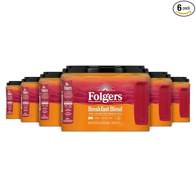 Folgers Breakfast Blend Mild Roast Ground Coffee 22.6 Ounces (Pack of 6)