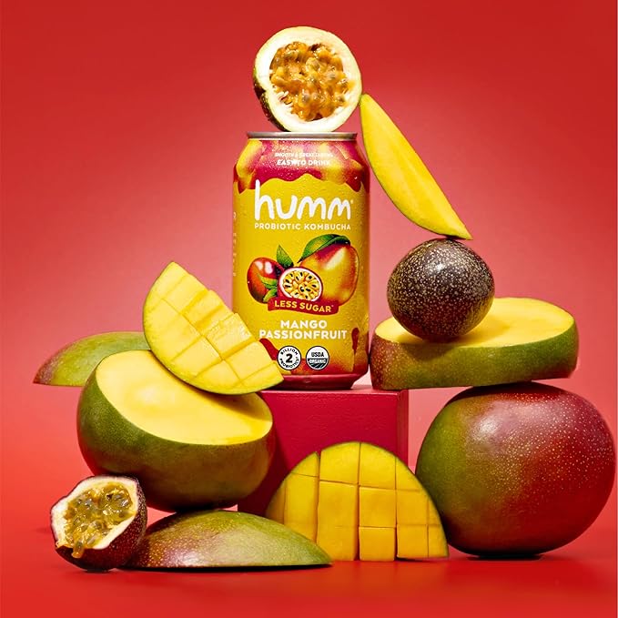 Humm Kombucha Sampler Pack Includes Original Mango Passionfruit Kombucha Zero Sugar Blood Orange Whole30 Approved Strawberry Blossom (Pack of 12)