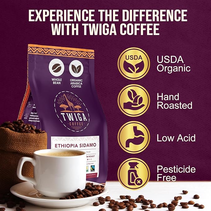 Twiga Coffee Premium Ethiopian Sidamo Whole Bean Coffee – Organic Medium Roast Arabica with Berry Citrus &amp Floral Notes – Single Origin Ethiopia – Freshly Roasted 12 oz