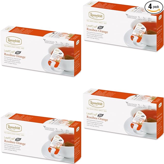 Ronnefeldt LeafCup Rooibos Orange Chai – Naturally Caffeine-Free Red Herbal Tea with Natural Orange Flavoring – Set of 4 Boxes – 60 Individually Wrapped Loose Leaf Tea Bags – Packed in Germany