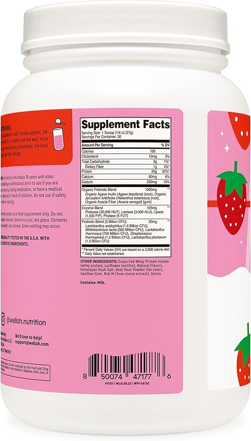 Wellah Grass-Fed Whey Protein Isolate Powder (Strawberries and Cream) 30 Servings - with Prebiotics Enzymes &amp Probiotics 20g of Protein 100 Calories Naturally Sweetened