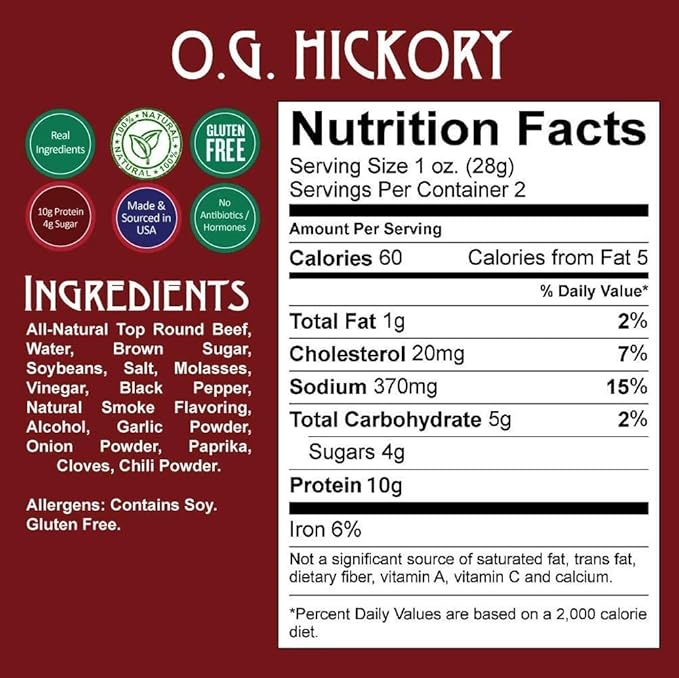 Righteous Felon Beef Jerky - OG Hickory Flavor - All-Natural Jerky - Locally Sourced &amp Dried Beef Jerky - Low-Sugar High-Protein Healthy Snacks - 2 Ounces Each Pack of 3