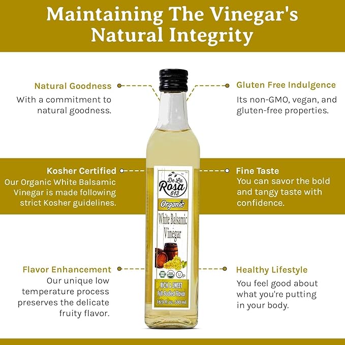 De La Rosa Organic White Balsamic Vinegar Aged in Spanish Wood Barrels Kosher for Passover Vegan &amp Gluten-Free Great for Salad Dressing Marinades Organic Balsamic Vinegar 16.9 Oz (Pack of 2)