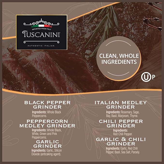 Tuscanini Premium Spice Grinder Variety Pack 6 Pack | Freshly Ground Seasonings | Product of Italy | Black Pepper Peppercorn Italian Medley Chili Flakes Garlic Flakes and Chili &amp Garlic Blen