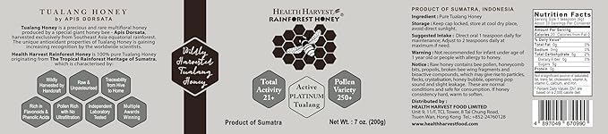 Premium Tualang Platinum Honey 7oz (TA 21+ Pollen Variety 250+) Supreme Choice for Rehabilitation Wild-ripening on 250ft Treetop Raw Unpasteurised Unfiltered