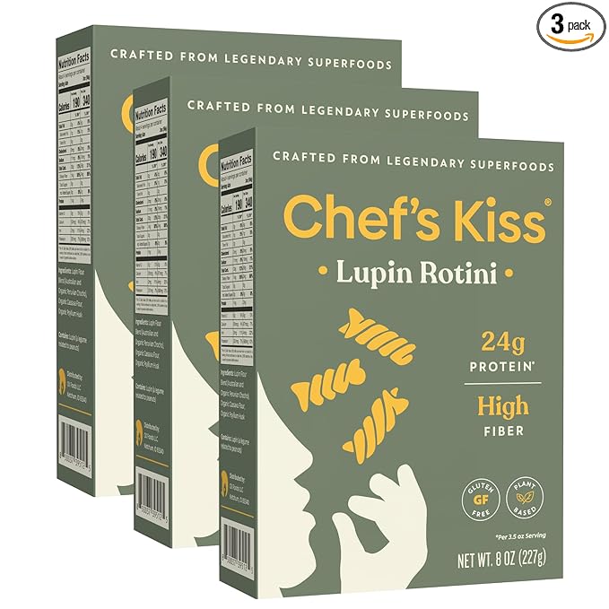 Chef’s Kiss Protein Rotini | 24g Protein High Fiber | Gluten Free Plant-Based Lower Carb Pasta Made from Lupins | No Fillers No Gums | Nutrient Dense High Protein | Non GMO | 3-pack (8oz)