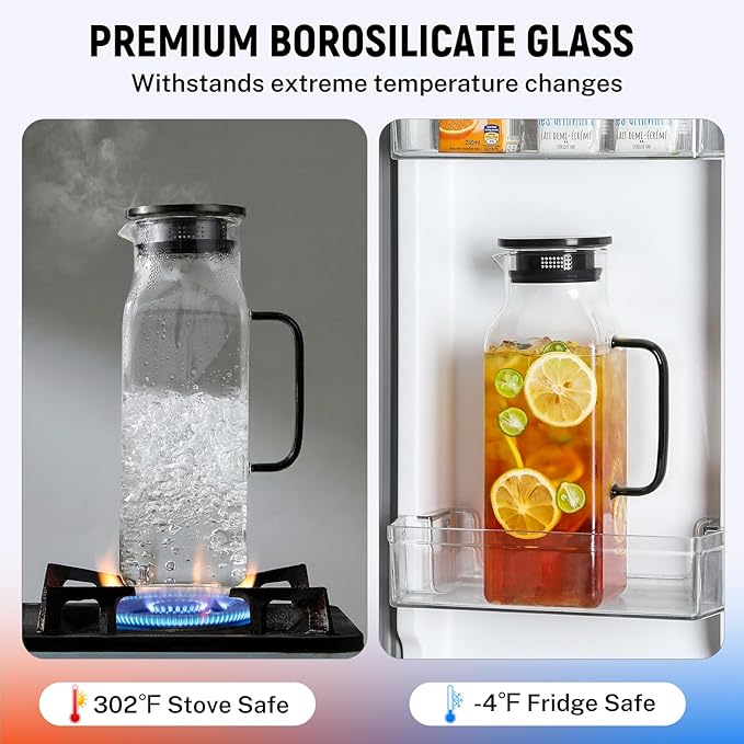 2 Pack 2 Liters/68 oz Square Glass Pitcher with Lid and Handle for Fridge Iced Tea and Coffee Carafe Beverage Serveware Heat Resistant Borosilicate Water Black Jug for Hot/Cold Drinks and Milk