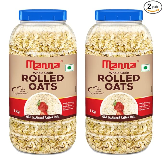 Manna 100% Rolled Oats 2kg | Gluten Free | Traditional Oats | Diabetic Friendly | 100% Wholegrain 1kg (Pack of 2)