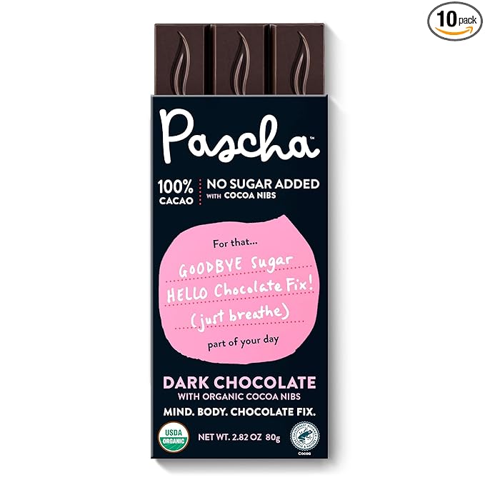 Pascha Organic Chocolate Bars Gluten Free Non GMO 2.82 Oz Pack of 10 Sugar Free Dark 100% Cacao with Cocoa Nibs