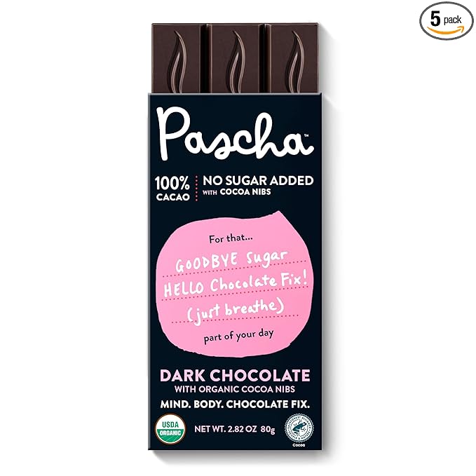 Pascha Organic No Added Sugar 100% Cacao With Cocoa Nibs Chocolate Bars UTZ Gluten Free Non GMO Pack of 5