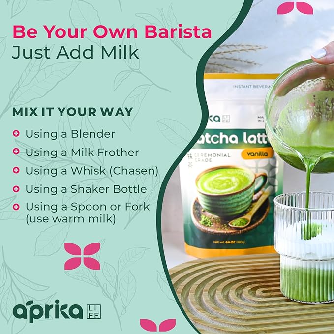 AprikaLife Matcha Latte Powder Premium Barista Crafted Mix with Natural Vanilla Flavor - Authentically Japanese - 1st Harvest Ceremonial Grade Sweet Matcha Powder Used by Coffee Shops 6.8 oz / 180g