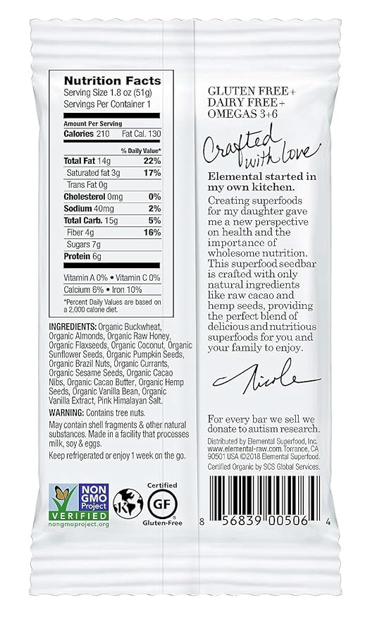 Elemental Superfood Seedbars Currant Cacao + Hemp Seed 1.8 Ounce - 12 Pack 100% Certified Organic Non-GMO Verified Gluten Free Dairy Free Plant Based