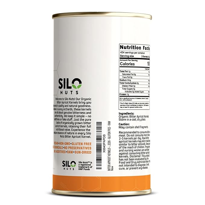 SILO Nuts Organic Bitter Apricot Kernels - 16 oz USDA Certified Organic Bitter Apricot Seeds - Natural &amp Non-GMO Premium Quality Kernals No Sulfur or Additives