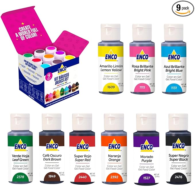ENCO 9 Basic Food Coloring Gel Set 1.41 oz each (40 g) Concentrated Vegan Includes Color Mixing Guide