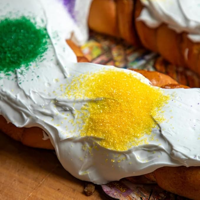 Caluda's King Cake DIY Kit - Pack of 2 - Fresh Un-Iced Brioche Cake with Icing Packets Mardi Gras Colored Sugars Baby Decorating Instructions Serves 10-12 Authentic New Orleans Louisiana Mardi Gr